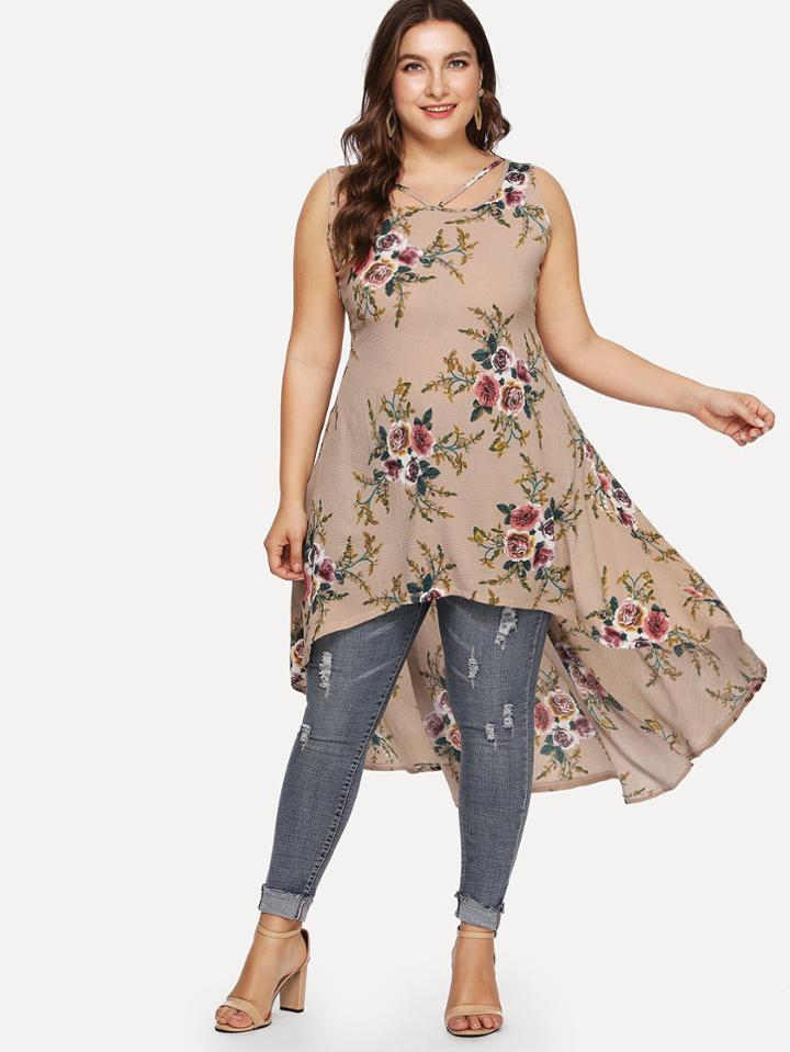 Romwe Floral Printed Sleeveless Dress