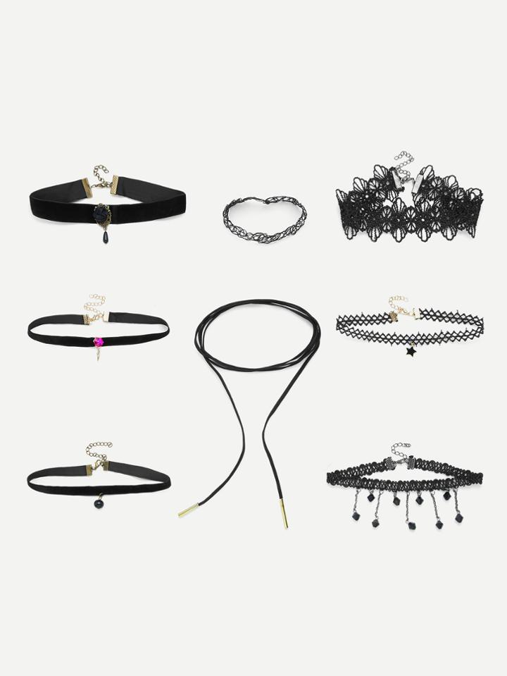 Romwe Charm Detail Lace Choker Necklace Set