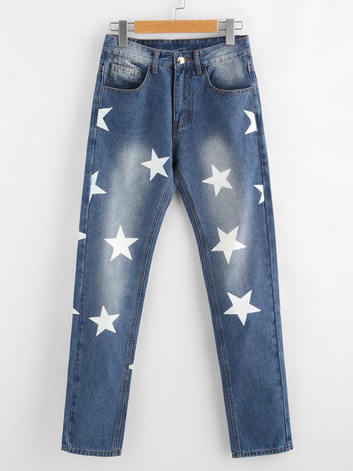 Romwe Star Print Bleach Wash Jeans