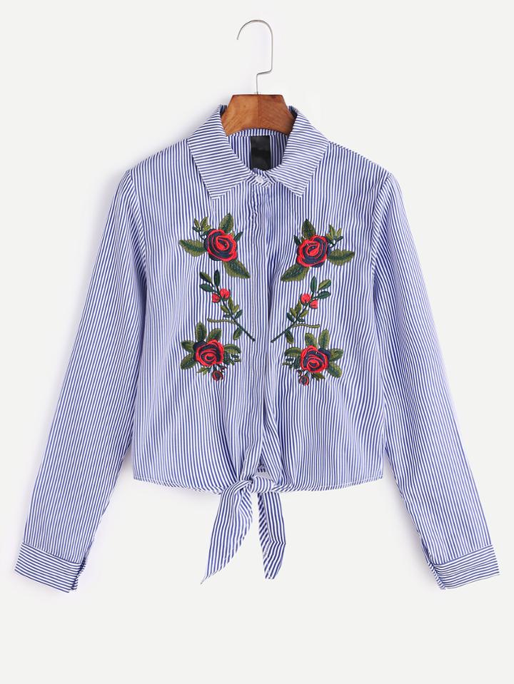 Romwe Blue Striped Flower Embroidered Shirt