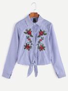 Romwe Blue Striped Flower Embroidered Shirt