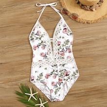 Romwe Crochet Lace Trim Floral One Piece Swimsuit