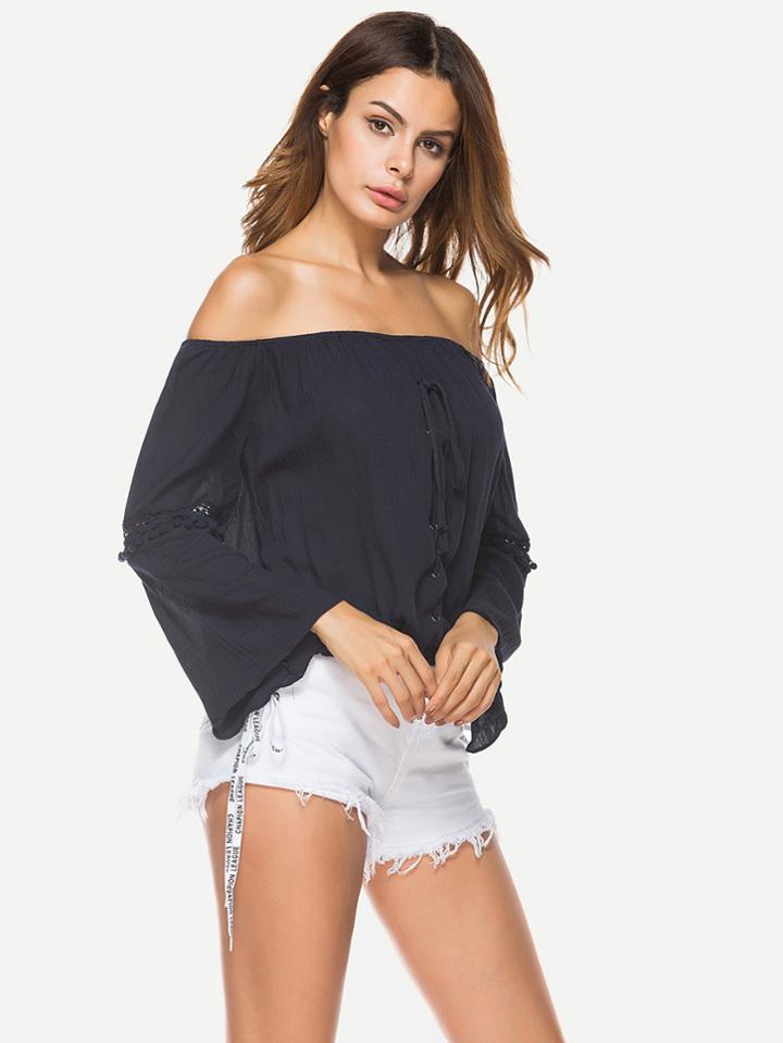 Romwe Lace Up Crochet Panel Pom Pom Top