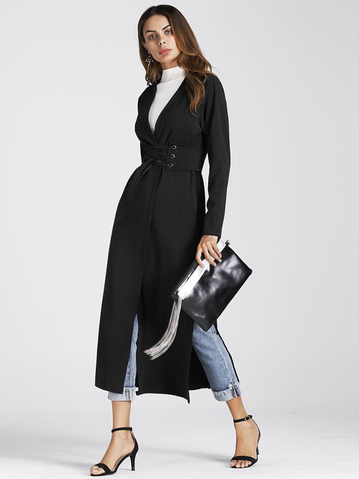Romwe Split Side Coat With Corset Belt