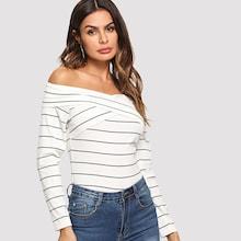 Romwe Off Shoulder Criss Cross Striped Tee