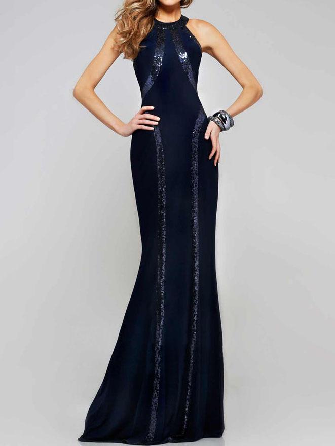 Romwe Halter Neck Sequin Panel Maxi Dress - Navy