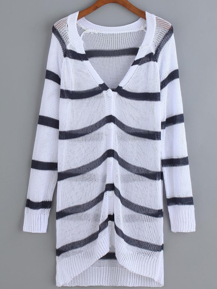 Romwe Striped Open-knit Button-down Cardigan