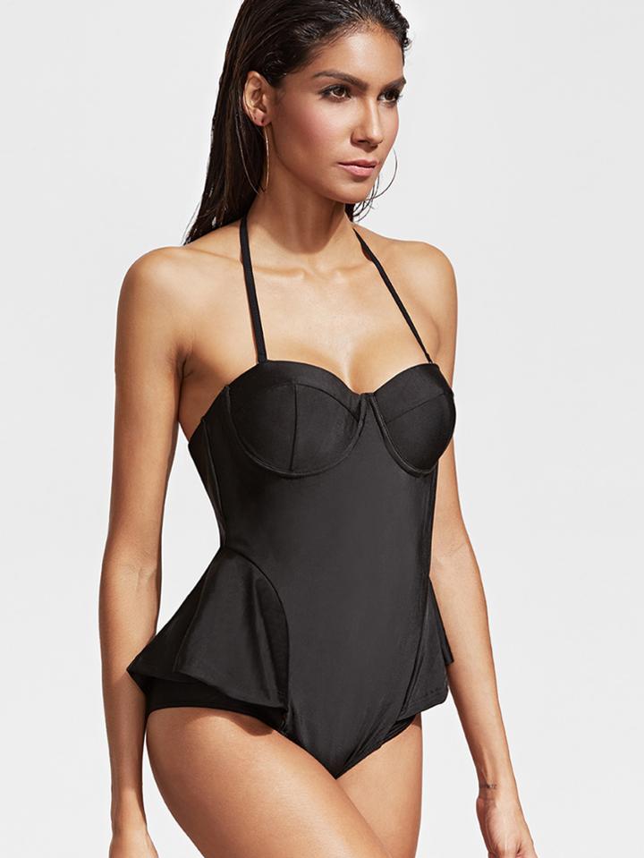 Romwe Black Halter Ladder Cutout Low Back Monokini