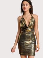 Romwe Drape Neck Halter Tie Metallic Dress