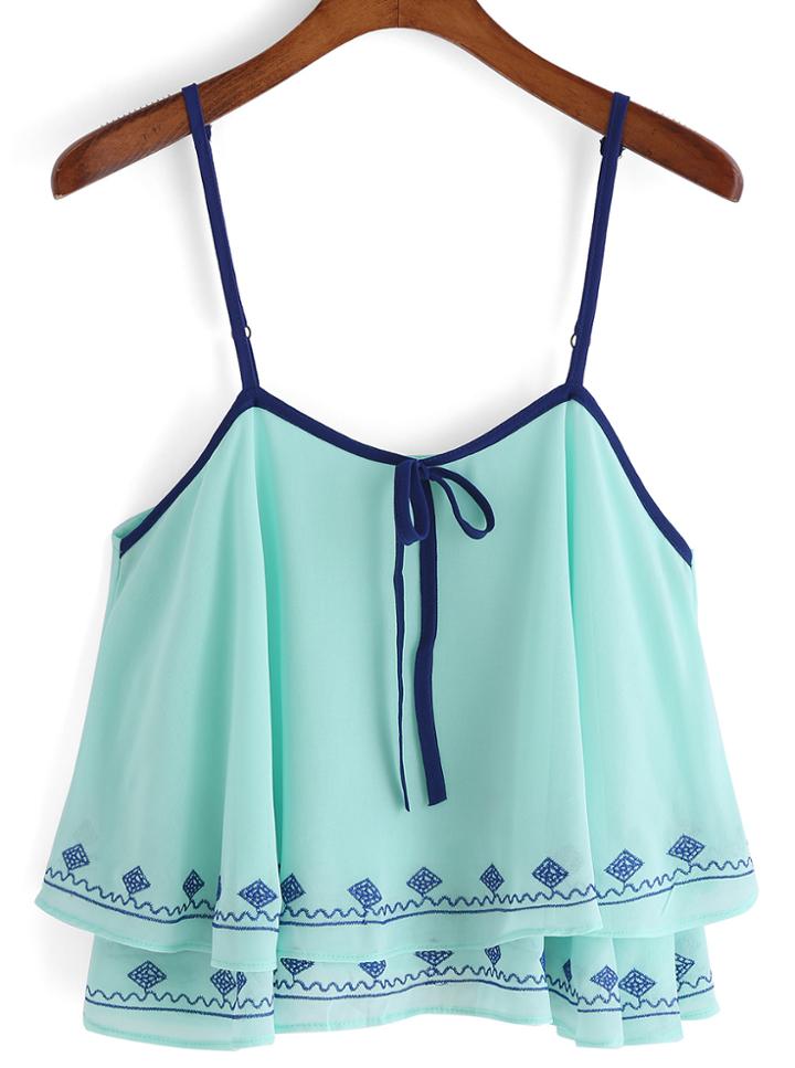 Romwe Spaghetti Strap Embroidered Chiffon Green Cami Top