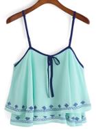 Romwe Spaghetti Strap Embroidered Chiffon Green Cami Top