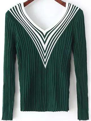 Romwe V Neck Chevron Print Dark Green Sweater