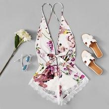 Romwe Contrast Lace Trim Floral Romper