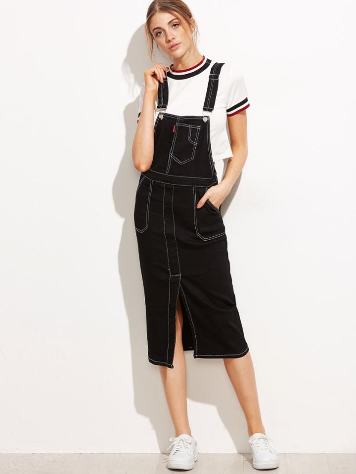 Romwe Black Split Front Stitch Detail Overall Denim Dress