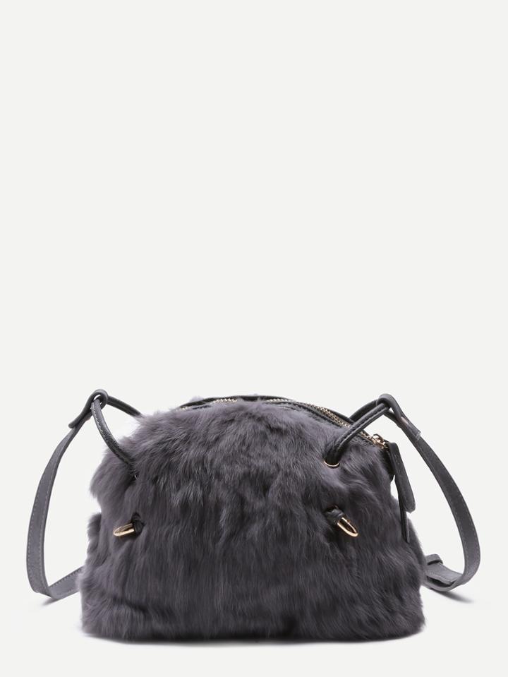 Romwe Cute Grey Rabbit Hair Zip Closure Crossbody Bag