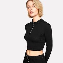 Romwe Half Ring Zipper Ribbed Crop Tee