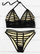 Romwe Contrast Caged Design Halter Bikini Set