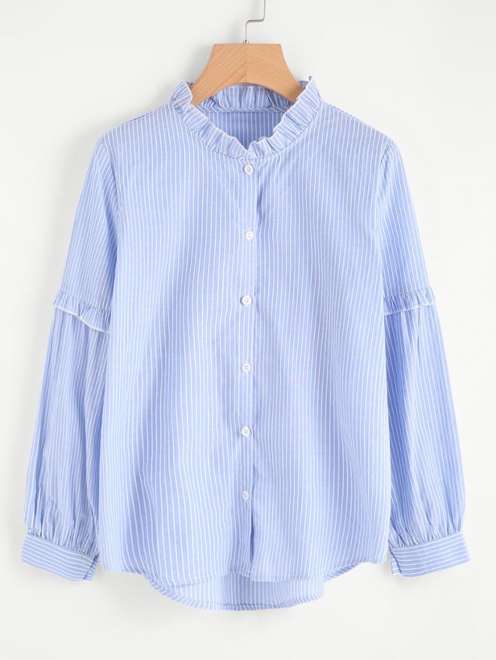 Romwe Frilled Detail Pinstripe Blouse