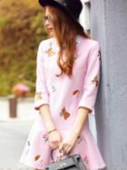 Romwe Pink Lapel Length Sleeve Embroidered Dress