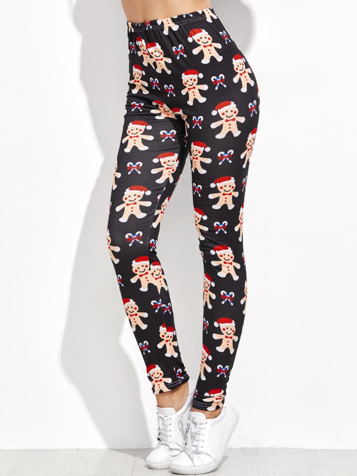 Romwe Black Cartoon Print Elastic Waist Leggings
