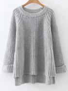 Romwe Light Grey Raglan Sleeve Dip Hem Sweater