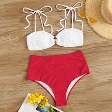 Romwe Tie Shoulder Smocked Top With High Waist Bikini Set