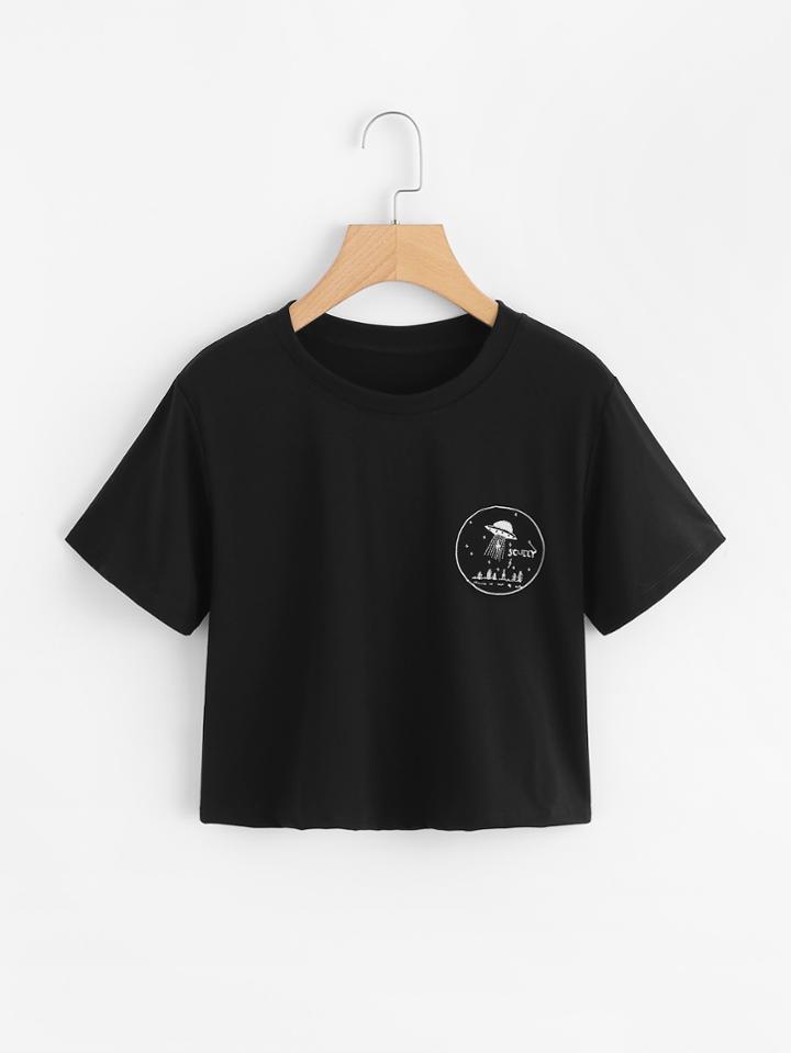 Romwe Embroidered Crop T-shirt