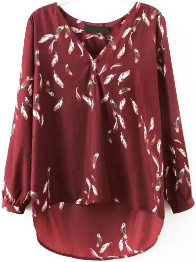 Romwe V Neck Dip Hem Feather Print Blouse