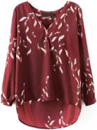 Romwe V Neck Dip Hem Feather Print Blouse