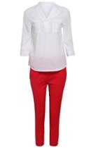 Romwe V Neck Pockets Blouse With Red Pant