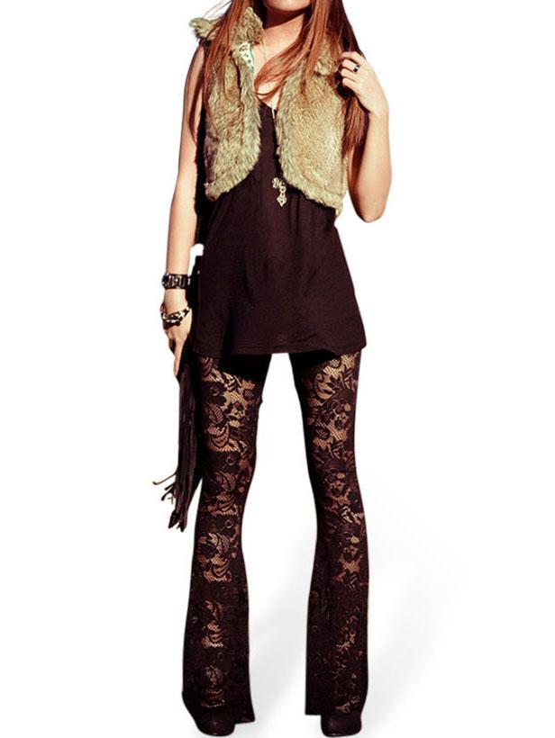 Romwe Elastic Waist Lace Bell Leggings