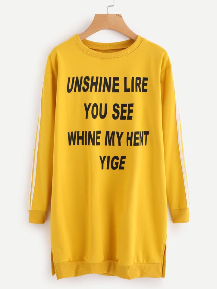 Romwe Slogan Print Striped Sleeve Split Side Sweatshirt Dress