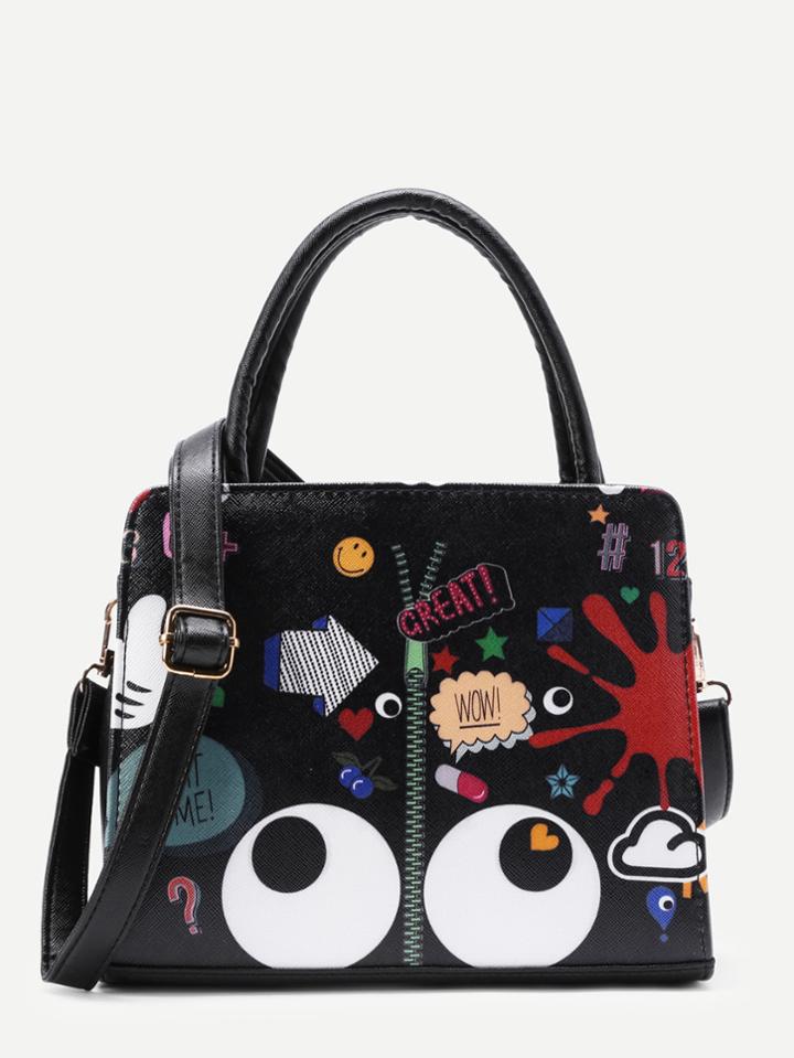Romwe Eye And Zipper Print Pu Grap Bag