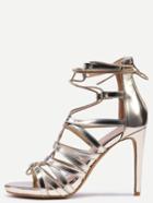 Romwe Snake Embossed Lace-up Heeled Sandals - Gold
