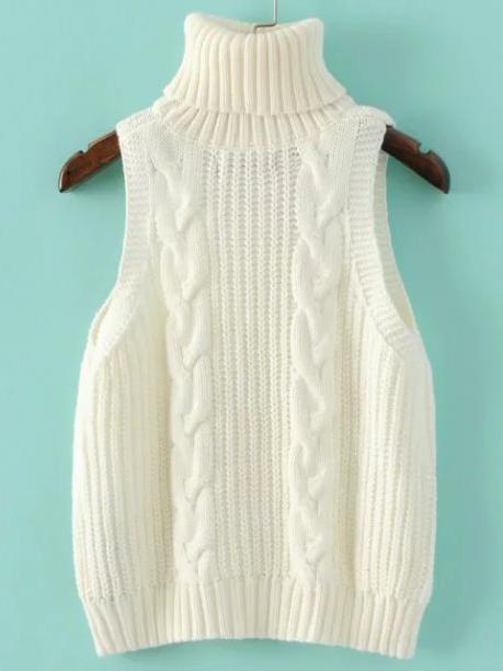Romwe White Cable Knit Turtleneck Sweater Vest