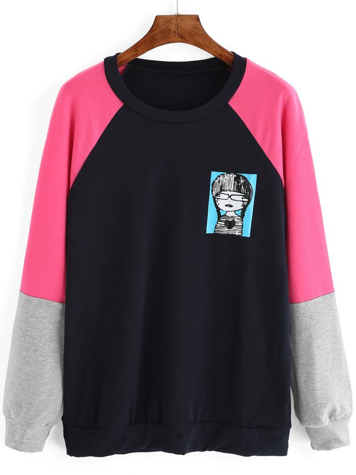 Romwe Dropped Shoulder Seam Cartoon Print Color-block Sweatshirt