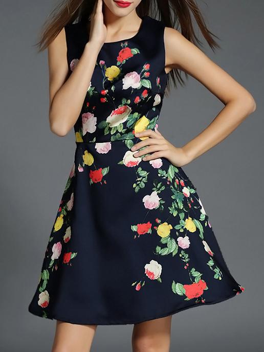 Romwe Navy Crew Neck Floral A-line Dress