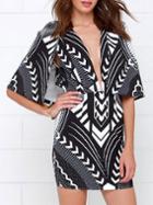 Romwe Deep V Neck Geometric Print Sheath Dress