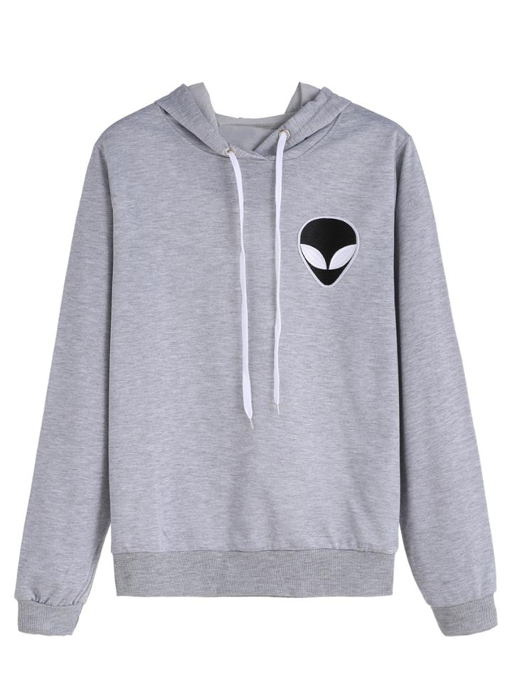 Romwe Grey Alien Embroidered Hooded Sweatshirt