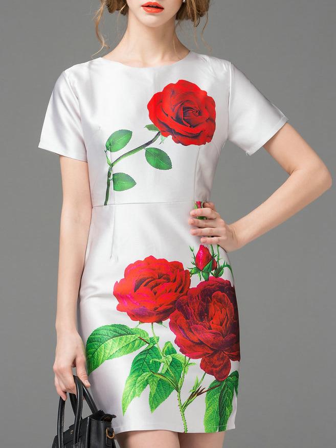 Romwe Grey Crew Neck Rose Print Sheath Dress