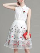Romwe White Lapel Organza Embroidered Top With Skirt