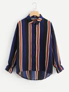 Romwe Vertical Striped Frill Back Dip Hem Shirt