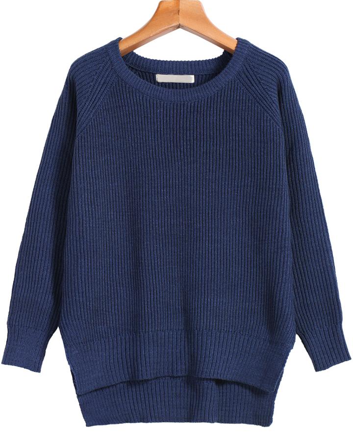 Romwe Dipped Hem Knit Blue Sweater