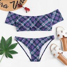 Romwe Plus Off The Shoulder Plaid Bikini Set