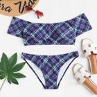 Romwe Plus Off The Shoulder Plaid Bikini Set