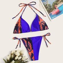 Romwe Random Graphic Triangle Top With Tie Side Bikini Set