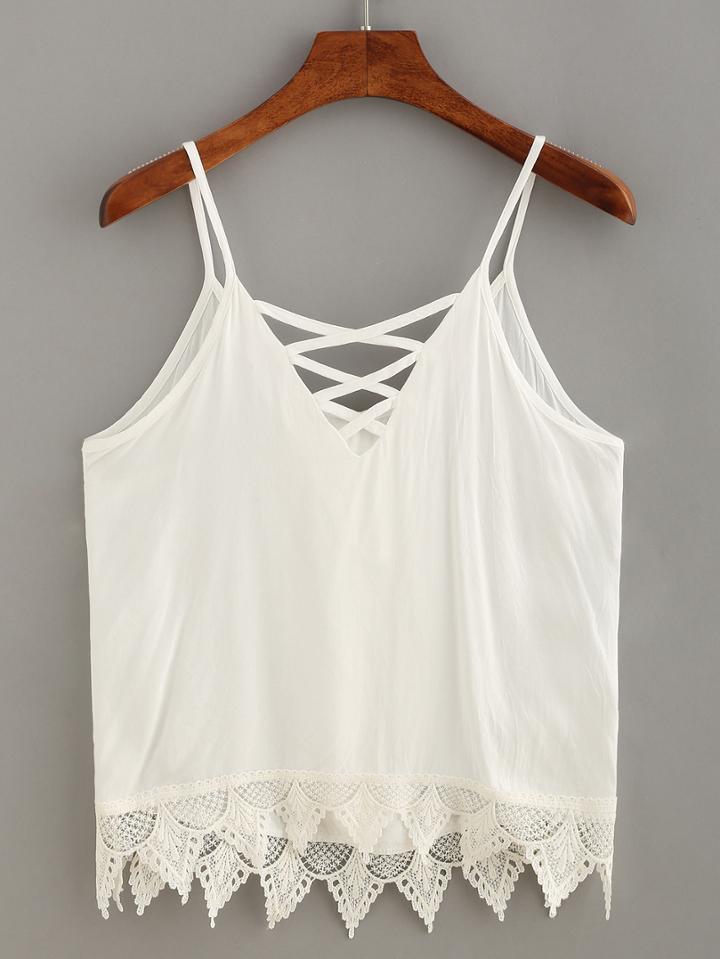 Romwe Lace Trimmed Lace-up Cami Top