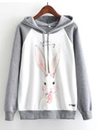 Romwe Rabbit Print Cut And Sew Hooded Sweatshirt
