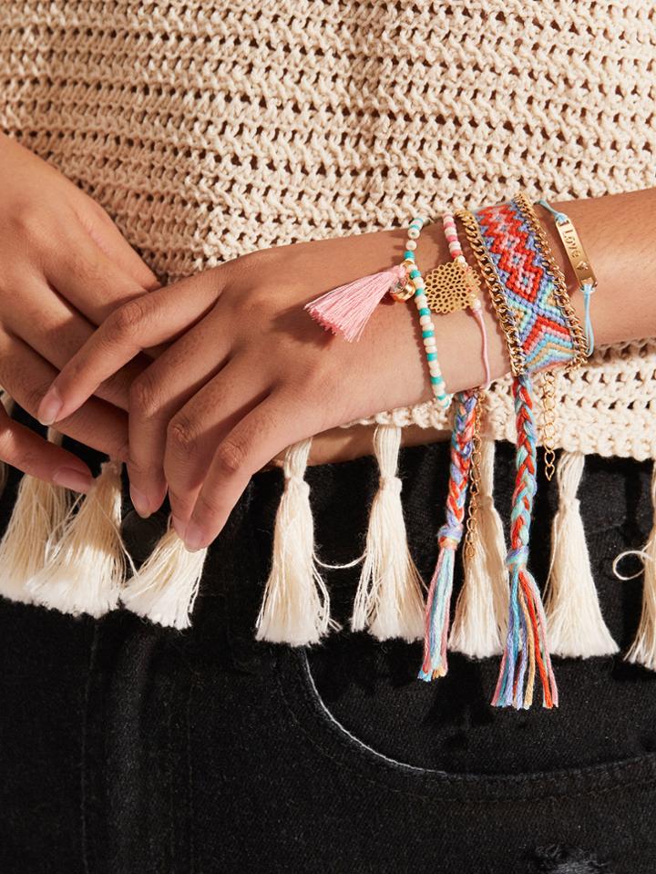 Romwe Tassel Charm Woven & Beaded Design Bracelet Set