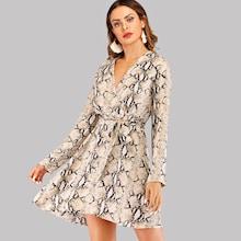 Romwe Self Tie Snake Print V-neck Dress